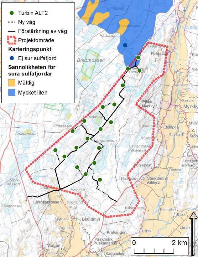 Figur 67: Placering av turbiner och vägnät i förhållande till kartutkastet (vänster) och forkningsinformation (höger), alternativ 2.