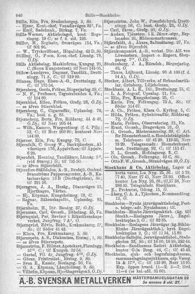 .940 Stille-e-Stockholm- Stille, Elin, Fru, Svedenborgsg, 3, 8ö. Stjernström, John W., Pressfotobyrå-, :Qrott- -- Ejnar, Kont-chef, Vanadisviigen 32 1, Va.. ningg.58, a.; bost.. Grefg, 23, O.