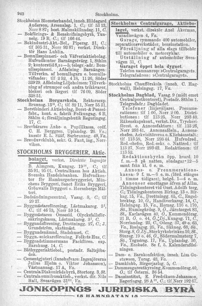 942 Stockholms. Stockholms Blomsterhandel, inneh. Hildegard Stoekhohns 'Centr,algarage, Aktiebo. Anderson, Arsenalsg, l, C.j tlf 53 13. y Norr 8 87; bost. Malmskillnadsg. 11, C.