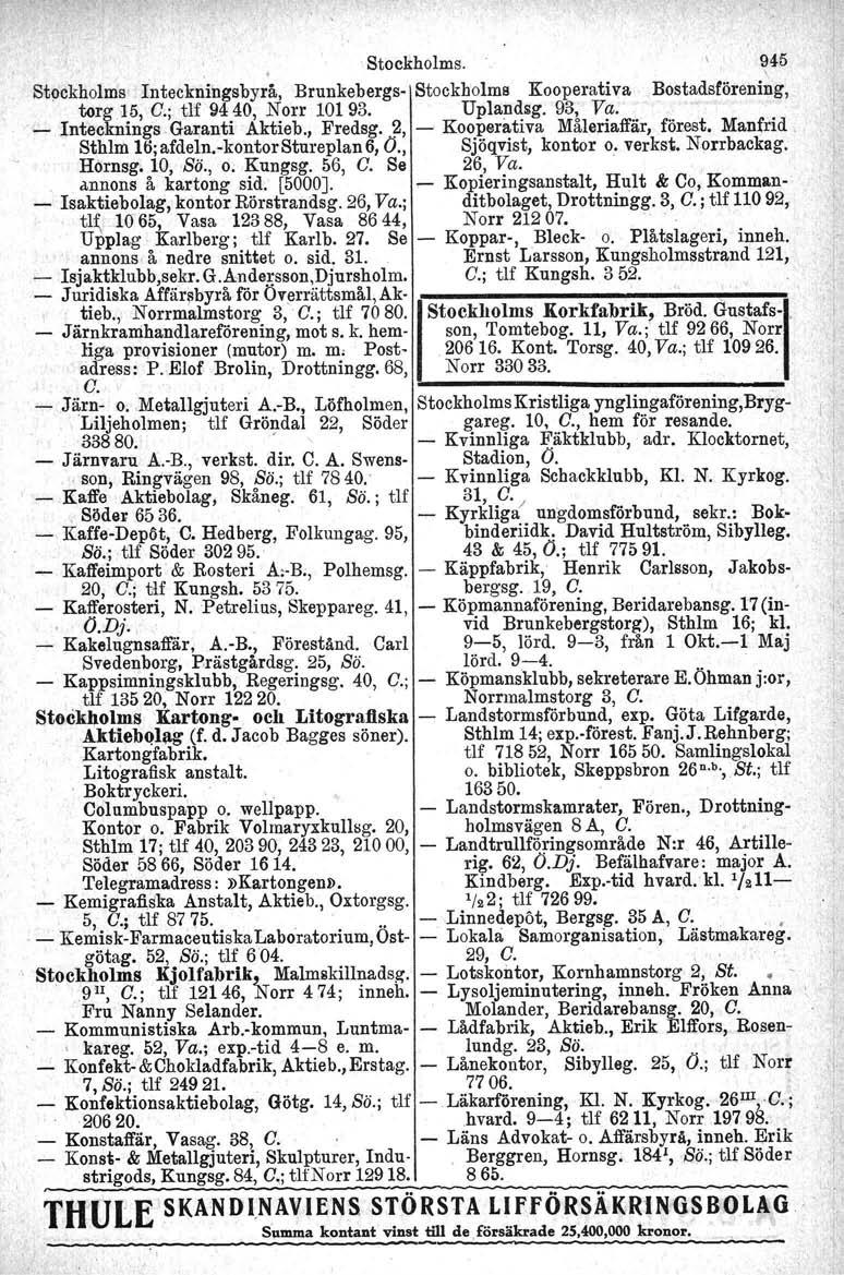 Stockholms, istockhol~s': :Inte()k~ihgsbyrå, Brunkebergs- Stockholms.Kooperativatorg 15, C.: tlf9440, Norr 10193. Uplandsg. 93;" Va:-. '.:...-JnteckningsGaJ;antiAktieb., Fredsg.