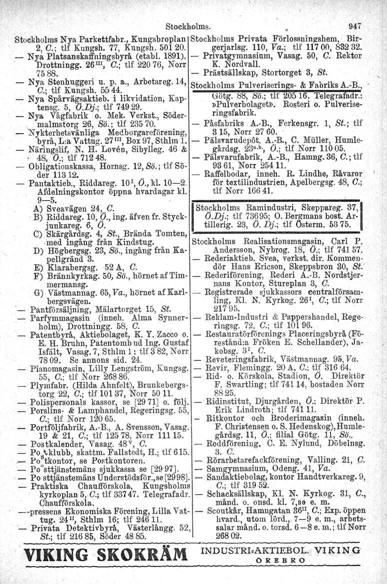 Stockholma, Stockholms'Nya Parkettfabr., Kungsbroplan Stockholms Privata Pörlossningshem.: Bir-, 2, G.; tlf Kungsh. 77, Kungsh. 50120. gerjarlsg. 110, Va.; tlf 11700; 83232.