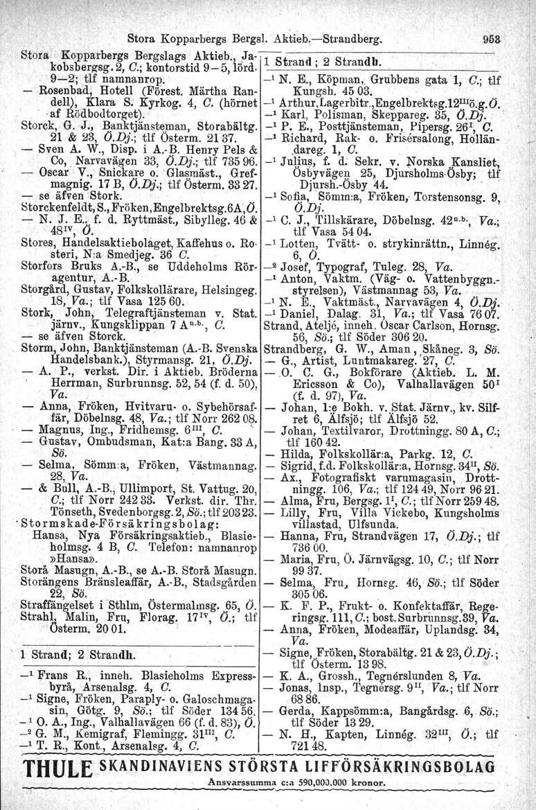 Stora Kopparbergs Bergal. Aktieb.e-Btrandberg.,StOfa'o'KopparbergsBergslags Aktieb:, Ja-~t kobsbergsg.b, C,; kontorstid 9-5,-lörd, nd' ra, 2 St ndb ra.... 9 L 2;,tlfnamnanrop. _1 N. E., Köpman.