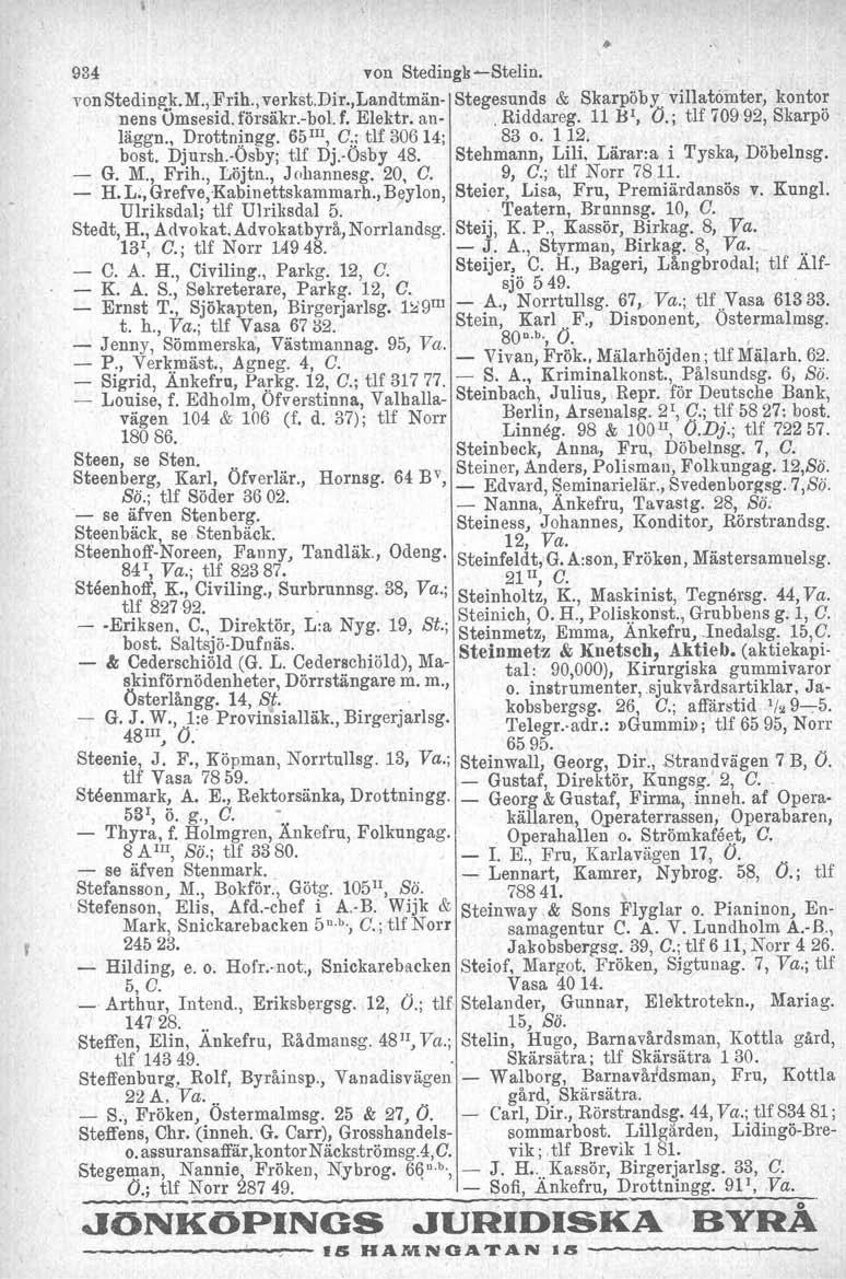 934 von' Stedingk-e-Stelin. von Stedingk. M.; Ftih., verkst.dir.,landtmän- stegesunds & Skarpöby villatomter, kontor nens Omsesid. försäkr-bol, f. Elektr, an-. Riddareg. 11 B', O.