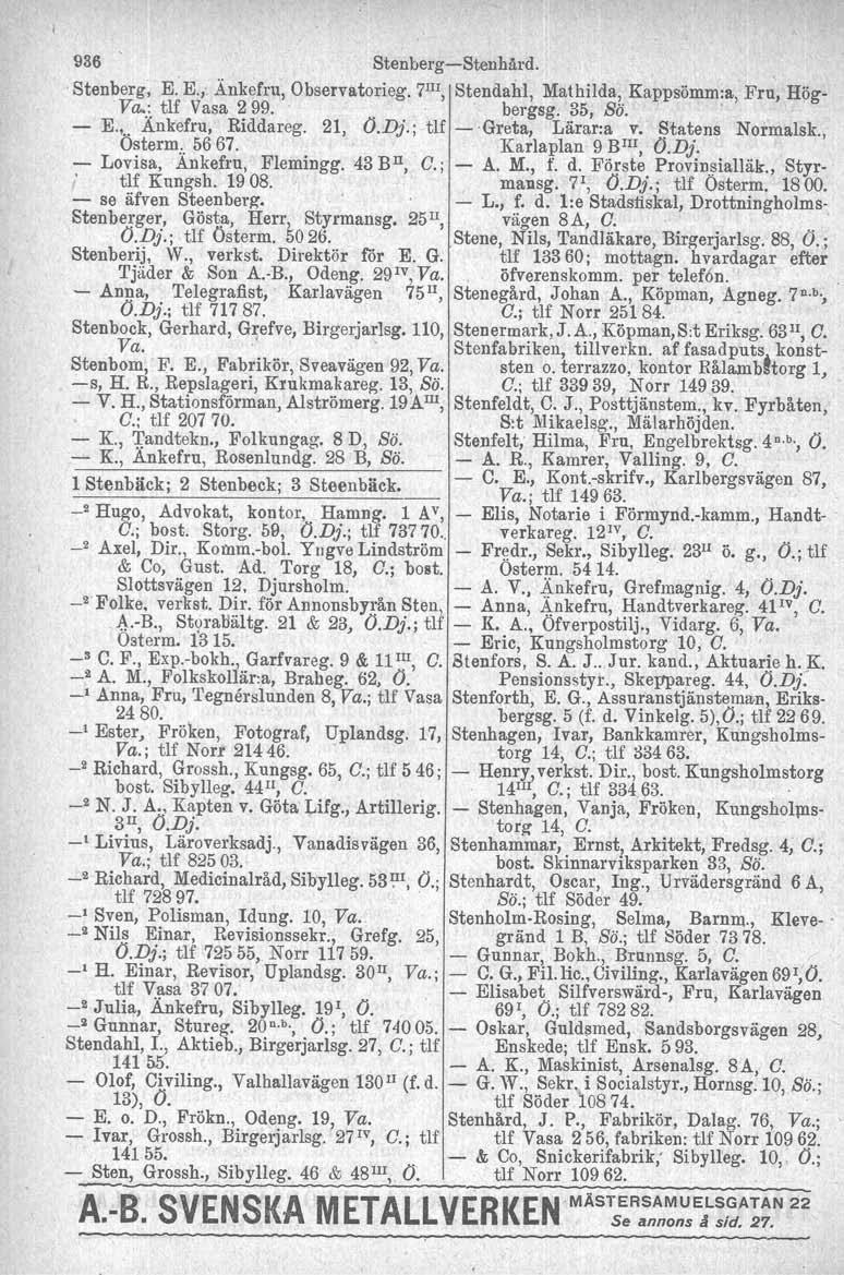936 Stenberg-Stenhård. Stenberg, E. E.j. Änkefru, Observatorieg. 7 III, Stendahl, imathilda, Kappsömm:l!, Fru~ Höge Va..~tlfVasa299.. 'bergsg.b5"bö.,.'" - E.,.. Ankefru, Riddareg. 21,' O.Dj.