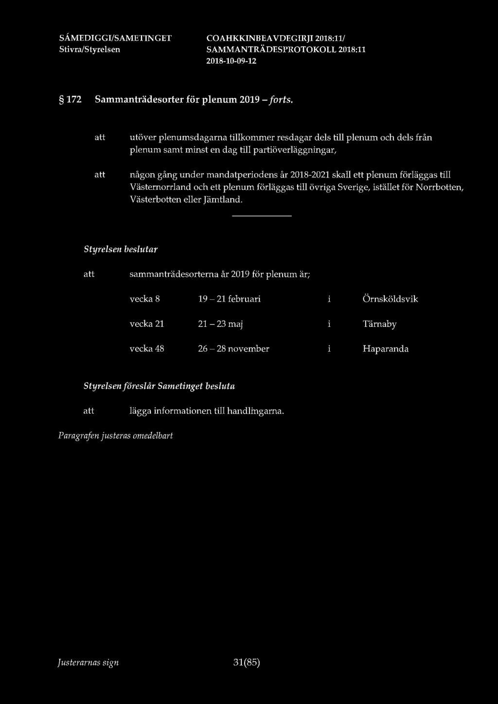 172 Sammanträdesorter för plenum 2019 - forts.