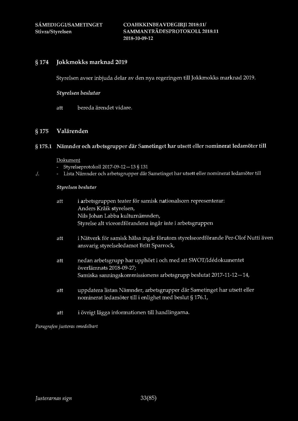 174 Jokkmokks marknad 2019 Styrelsen avser inbjuda delar av den nya regeringen till Jokkmokks marknad 2019. bereda ärendet vidare. 175 Valärenden 175.