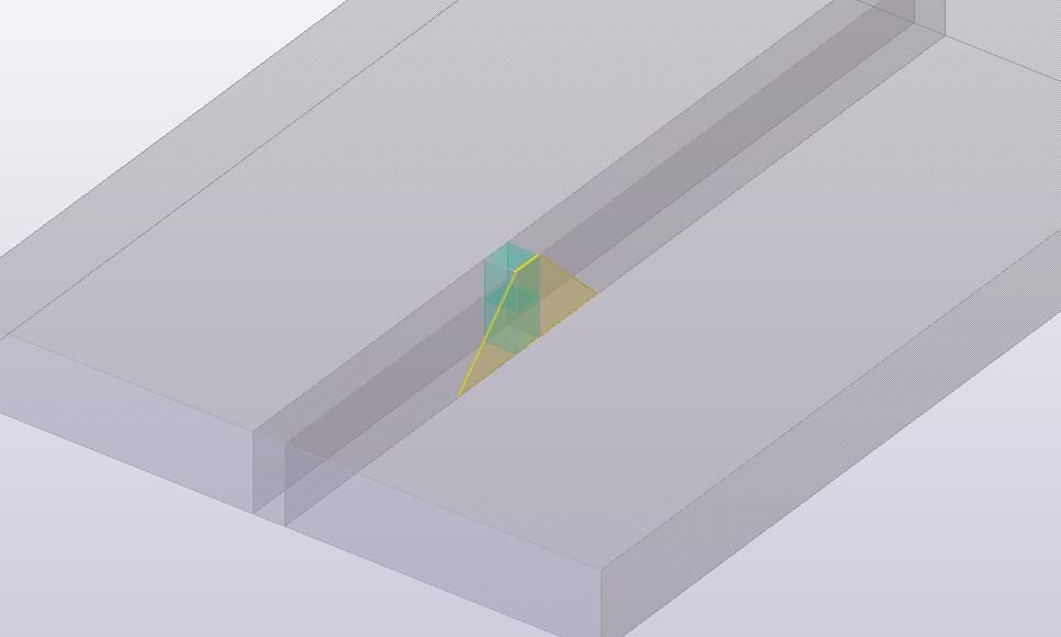 Figur 11-2 Visar en 3-dimensionell skiss som visar punktlastens lastspridning längs en lamell i plattan. Grön yta motsvarar punktlasten och gul motsvarar arean den sprids över.