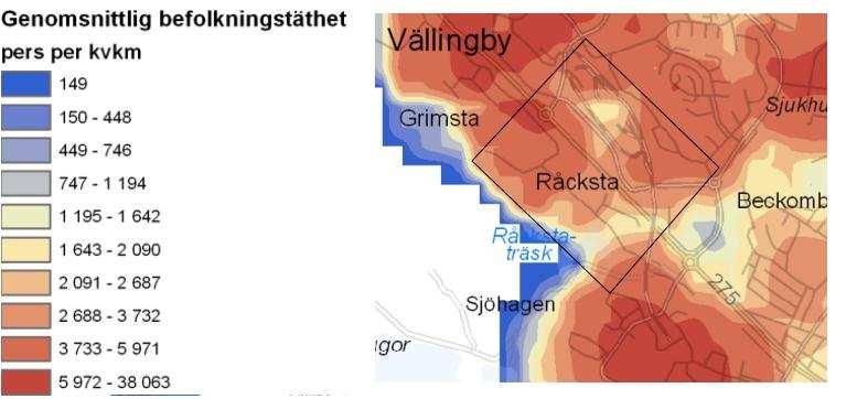 Figur 8. Principskiss för hur persontätheten har räknats fram. Personerna inom hela området antas befinna sig jämt utspridda över ytan. I närområdet finns mestadels bostäder.