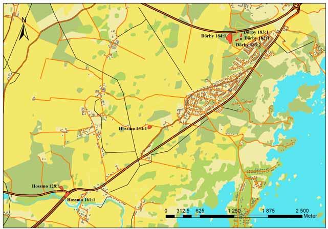 Figur 2. Karta över registrerade fasta fornlämningar inom utredningsområdet. mar län. De dateras till cirka 9000 f. Kr (se Gustavsson m fl 2000, Alexandersson 2001).
