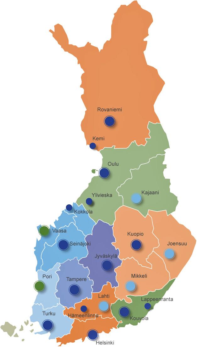 Verksamhetsområden Lappland Kajanaland Norra Österbotten Österbotten och Mellersta Österbotten Södra Österbotten Mellersta Finland Norra Savolax Norra Karelen Södra Savolax Birkaland Satakunta