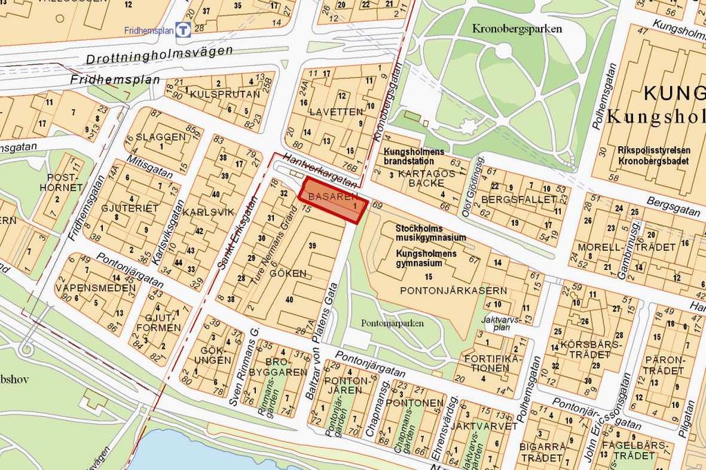 SID 3 (12) Orienteringskarta, planområdet är rödmarkerat. Fastigheten Basaren 1 är cirka 1 000 kvadratmeter stor, planområdet nästan dubbelt så stort, knappt 2 000 kvadratmeter.