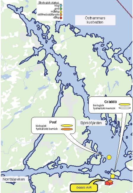 Figur 43. Björköfjärden. Ekologisk status för provtagningspunkter som omfattas av recipientkontrollprogram för Veolia Vatten AB 2013.