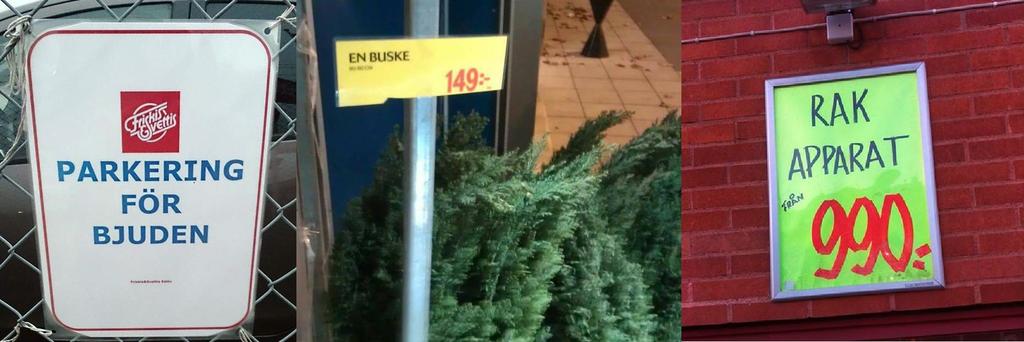 Exempel på frekventa språkfel Särskrivning är ovanlig i det svenska språket och kan leda till direkta missförstånd. Fig. 1 Parkering för bjuden, en buske och rak apparat.