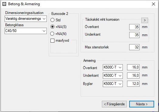 caeec212 Hög Balk Sidan 16(24) 4.3.1 Betong och armering Figur 10. Betong & Armering När guiden startas visas en ny dialogruta Figur 10.
