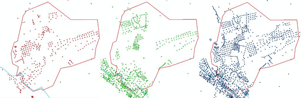 Figur 11. Datapunkter för bergsnivå (röd), ler- och friktionsjordsnivån (grön) samt marknivån (blå) för data set 2.