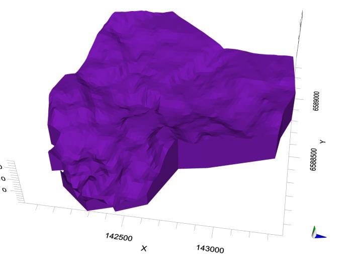 befinner sig i modellen så kan allt vatten röra sig med lätthet över hela zonen vilket syntes på grundvattenytans utbredning, figur 30. Försök Figur 29. Zon 2 för modellen med en platt bergsyta.