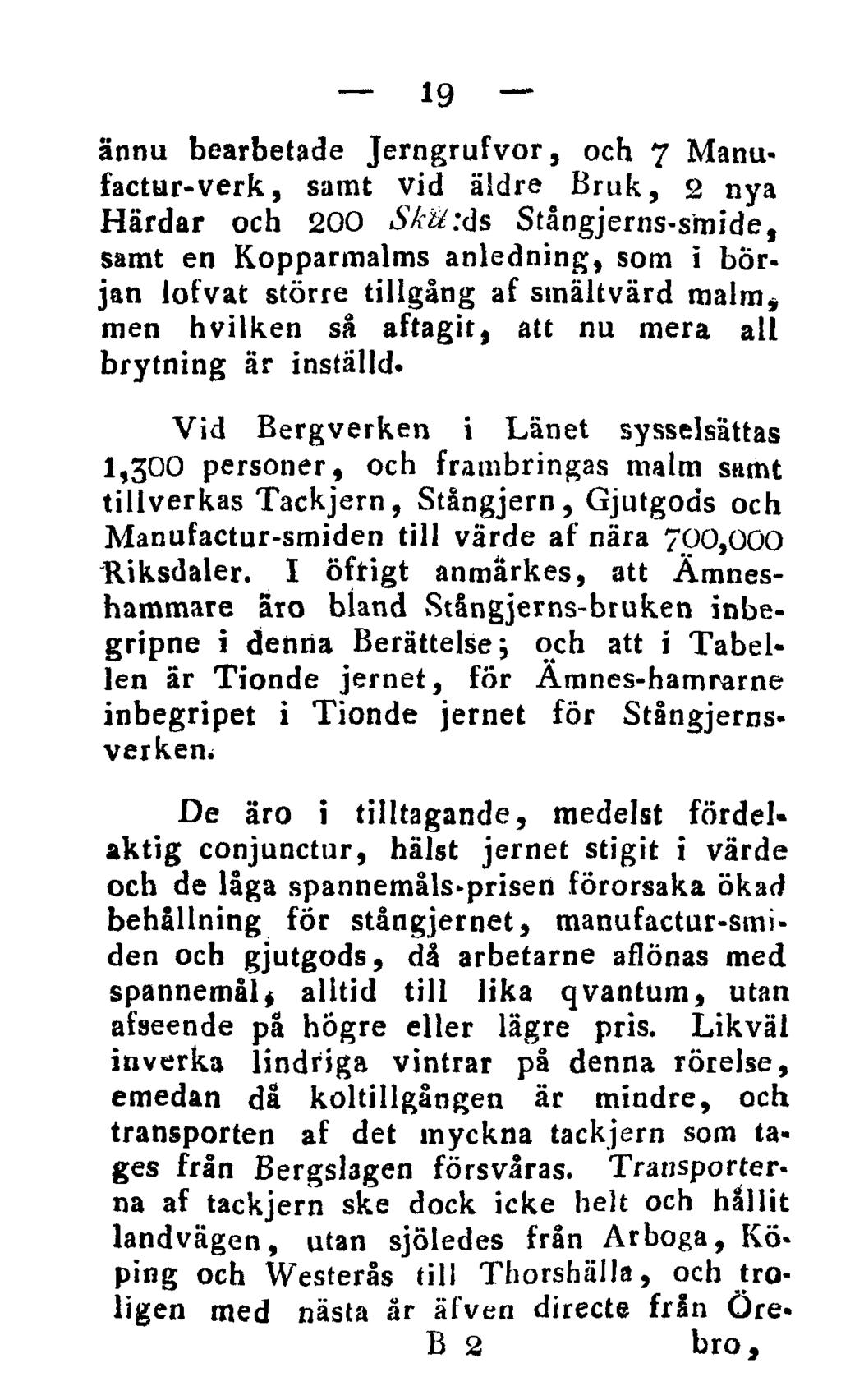 19 ännu bearbetade Jerngrufvor, och 7 Manufactur-verk, samt vid äldre Bruk, 2 nya Härdar och 200 iw#;ds Stångjerns-smide, samt en Kopparmalms anledning, som i början lofvat större tillgång af