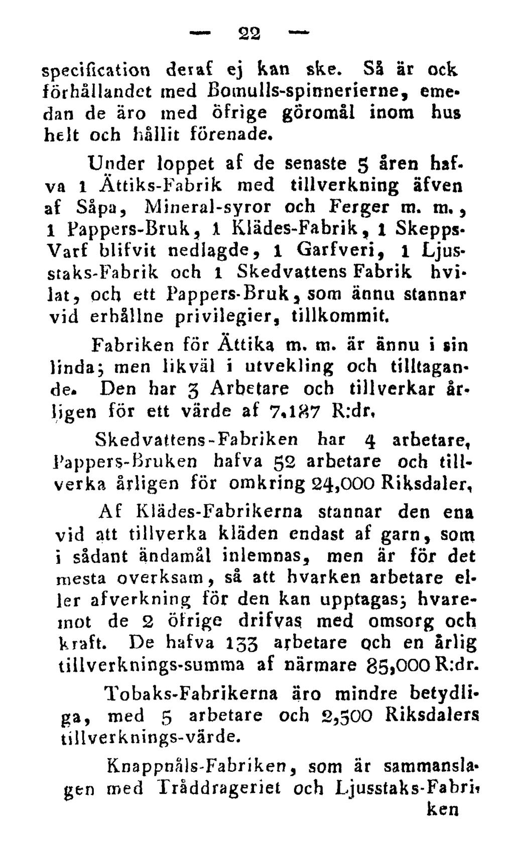 22 specification deraf ej kan ske. Så är ock förhållandet med Bomulls-spinnerierne, emedan de äro med öfrige göromål inom hus helt och hållit förenade.