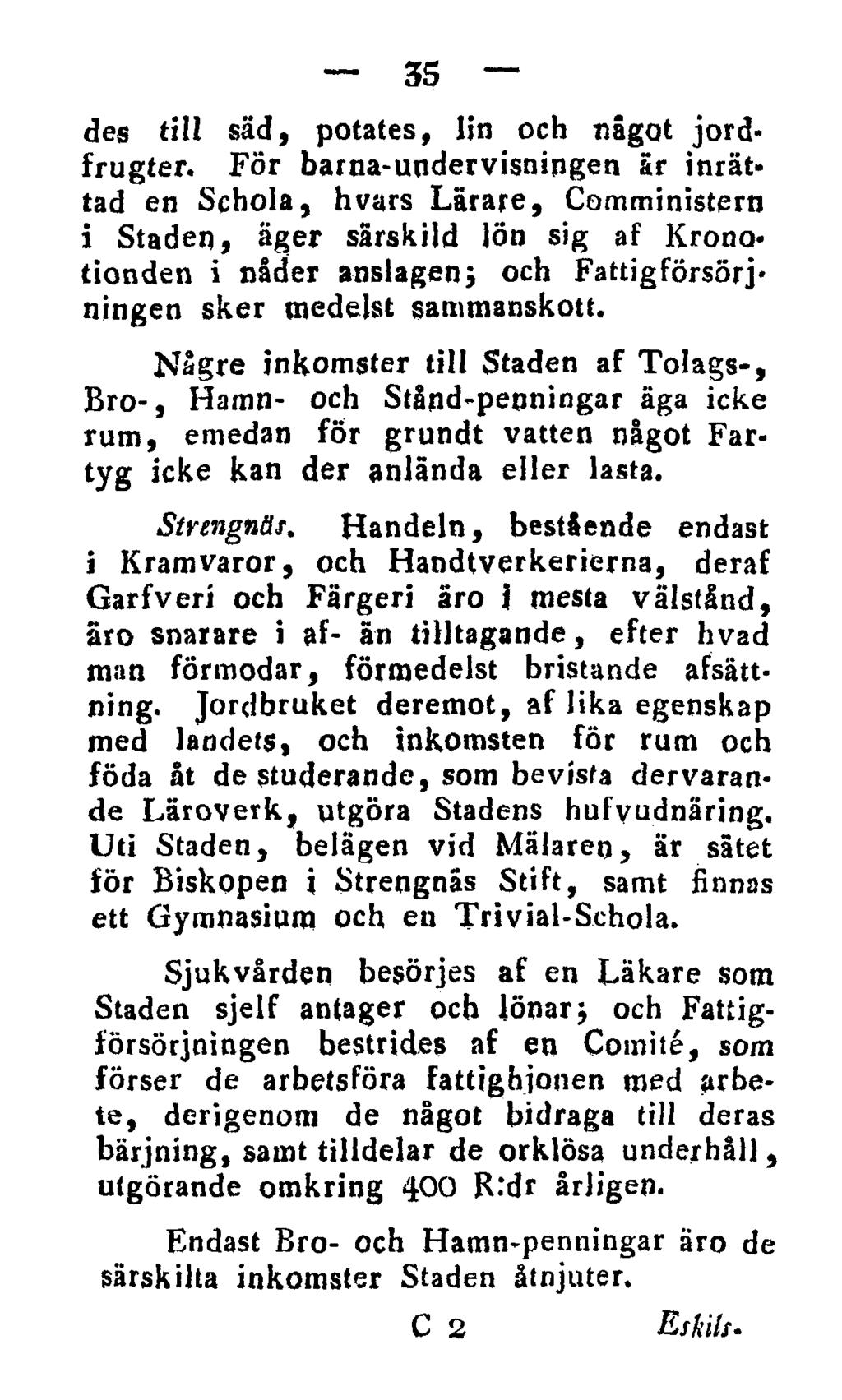 35 des till säd, potates, lin och något jordfrugter. För barna-undervisningen är inrättad en Schola, hvars Lärare, Comministern i Staden, äger särskild lön sig af Krono.