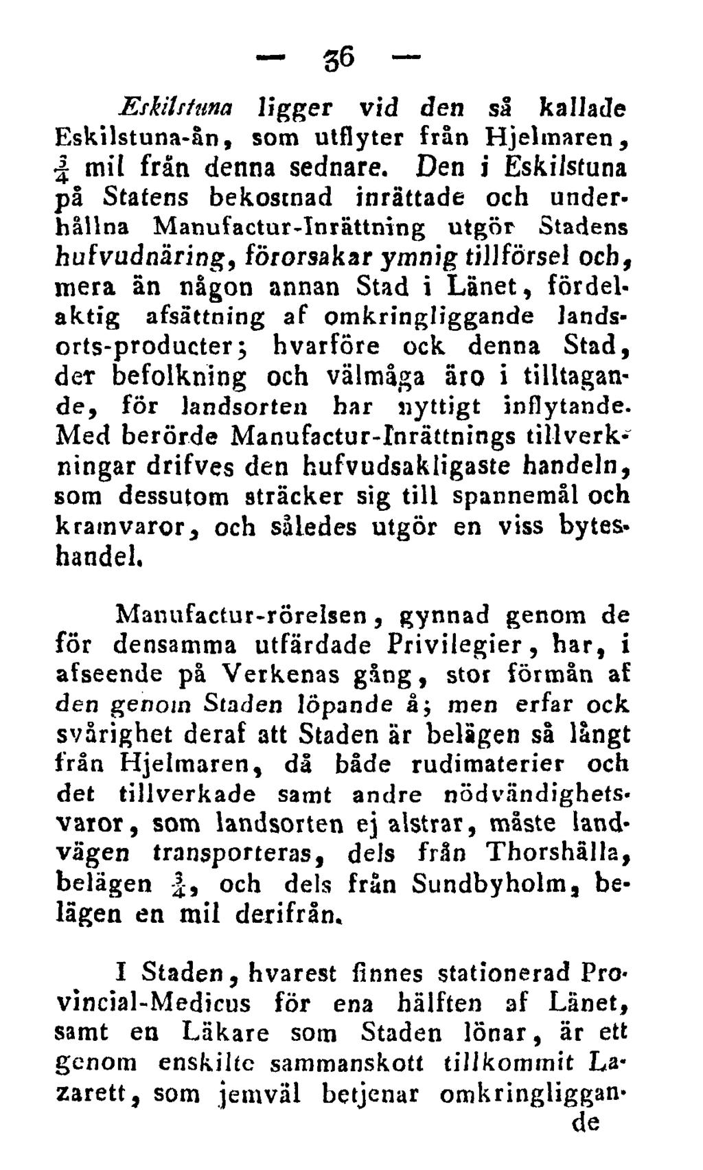 36 Eskilstuna ligger vid den så kallade Eskilstuna-ån, som utflyter från Hjelmaren, l mil från denna sednare.