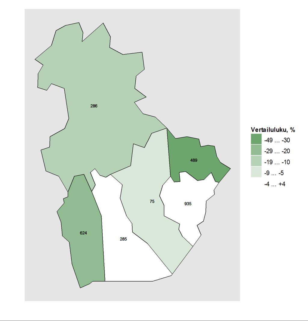 Karta 1. Vårdperioder till följd av skador och förgiftningar i regionens kommuner 2011 2015 jämfört med situationen i hela landet. Karta: Lantmäteriverkets Generalkarta 1:4 500 000, 2011.