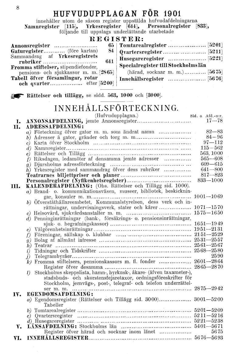 8 HUFVUDUPPLAGAN FÖR 1901 innehåller utom de såsom register uppstäida hufvudafdelningarna Namnregister [115J Yrkesregister [6HJ Personalregister [833J följande till uppslags underlättande utarbetade