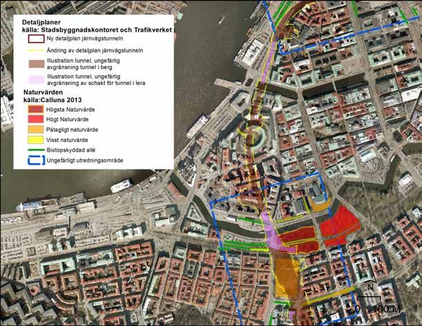 MKB FÖR JÄRNVÄGSTUNNELN 14.1.2 Centralen till Haga Kyrkoplan samt station Haga Inom delsträckan Centralen till Haga Kyrkoplan samt station Haga finns många områden med stora naturvärden.