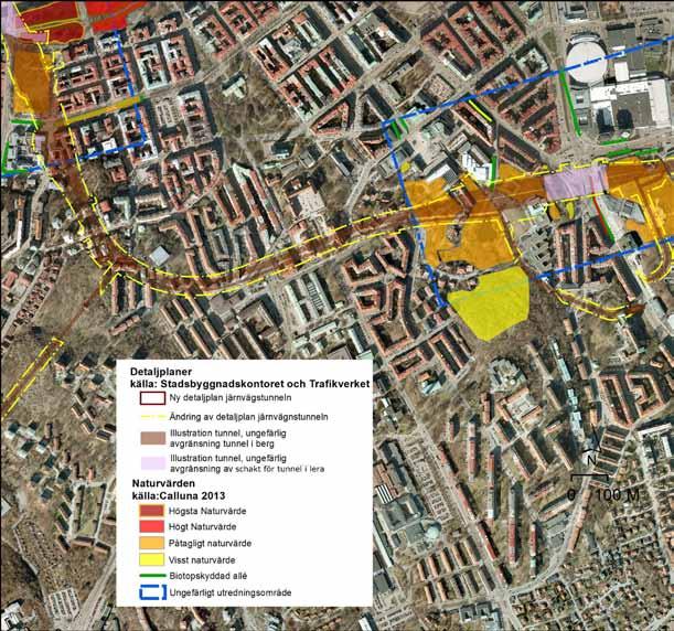 MKB FÖR JÄRNVÄGSTUNNELN liknande miljö utanför stadscentrum. I den östra branten finns idegran (fridlyst).