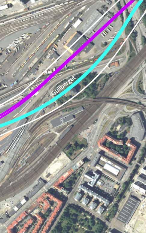 Valt alternativ i detaljplanen för järnvägstunneln Det valda alternativet innebär att järnvägen går i tunnel genom Gullberget samt att en kort sträcka av betongtråget öster om tunnelpåslaget i berget