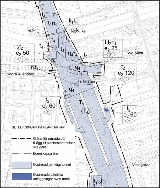 MKB FÖR JÄRNVÄGSTUNNELN Figur 11.3:1 Utsnitt från ändring av detaljplan vid området för station Haga. (T 1 = Järnväg i tunnel får anläggas. n 1 = Träd som berörs ska flyttas eller ersättas.