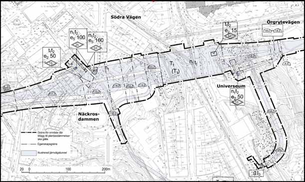 MKB FÖR JÄRNVÄGSTUNNELN Figur 11.3:2 Utsnitt från ändring av detaljplan vid området för station Korsvägen. (T 1 = Järnväg i tunnel får anläggas. n 1 = Träd som berörs ska flyttas eller ersättas.