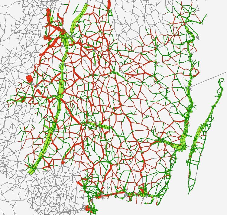 Modellerad trafik plottad mot mätt trafik (f/d). Rött=överskattning, grönt=underskattning.