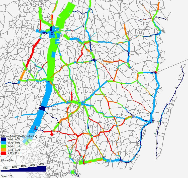 Kvot modellerad/mätt trafik (lb/d) för huvudvägnät. Rött=överskattning, blått=underskattning. Bredd visar modellerat flöde. Övergripande Sydost.