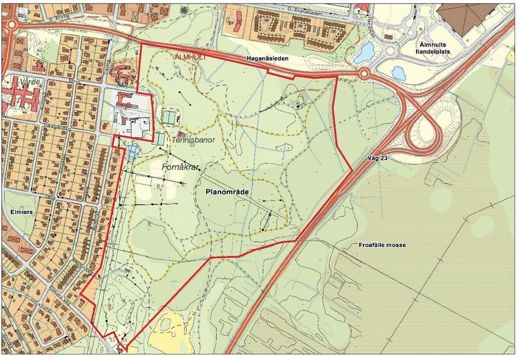 2018-03-08 4(20) Sammanfattning Haganäsleden Älmhults handelsplat s Väg 23 Elmiers Planområde Froafälle mosse Orienteringskarta Planens syfte och huvuddrag Planens syfte är att bevara och utveckla