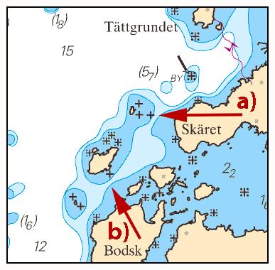 Inför undervattenssten och justera 3 m djupkurva enligt bild a) 59-38,426N 019-00,579E Ändra 3 m kurva enligt sjökortsbild b) 59-38,135N 019-00,256E Bsp Stockholm N 2016/s30 Grund Sjöfartsverket,