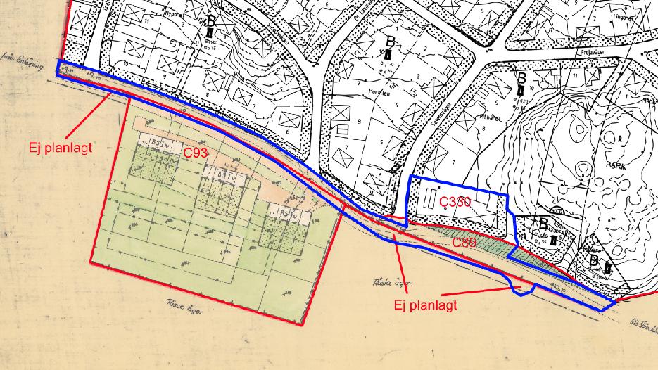 Planmosaik över gällande detaljplaner: C89, C93 samt C330 där blå linje motsvarar planområdet och röda linjer visar var gällande plangränser går.