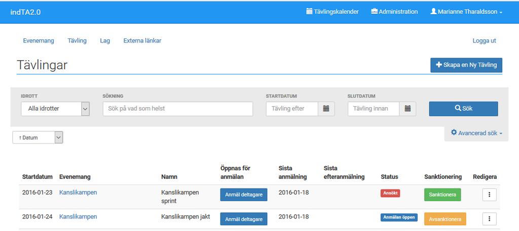 Exempel på när man kan koppla tävlingar till ett gemensamt evenemang: Evenemanget heter Tour de Norrland och pågår 10/3-10/4. Tävlingarna som man sedan kopplar till kan t.ex.