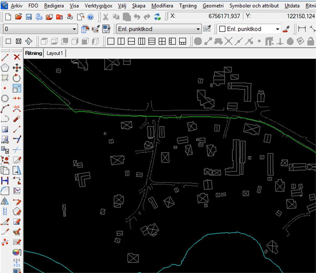 15(45) Nu är alla ändringar sparade. Bild 14 Stäng fönstret utan att spara. Har redigering gjorts i AutoCAD. Öppna Topocad och importera aktuell DWG-fil.
