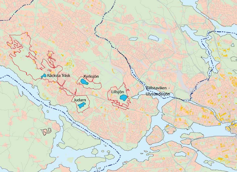 Västerortssjöar VÄSTERORTSSJÖAR Kartan visar de sjöar som ingår i gruppen Västerortssjöar, med sjöarnas tillrinningsområden markerade med röd
