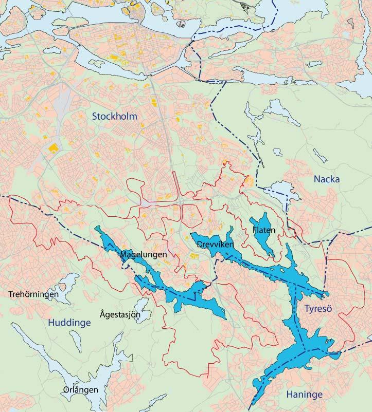 Tyresåns sjösystem TYRESÅNS SJÖSYSTEM Kartan visar de sjöar som ingår i gruppen Tyresåns sjösystem, med sjöarnas tillrinningsområden markerade med röd linje.