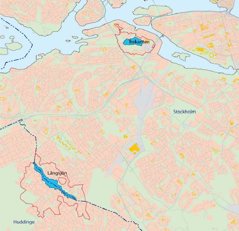 Långsjön och Trekanten LÅNGSJÖN OCH TREKANTEN Kartan visar sjöarna Långsjön och Trekanten, med sjöarnas tillrinningsområden markerade med röd linje.