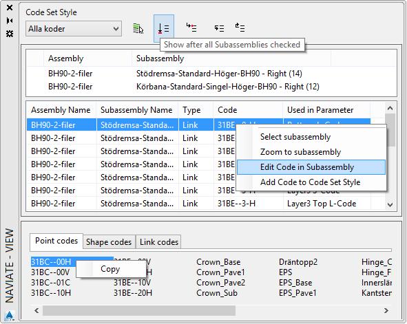 Kontrollera koder i Subassembly (5.2) Kontrollerar att alla koder för punkt (point), länk (link) och tvärssnitt (shape) som används i valda Subassemblys finns i vald Code Set Style.