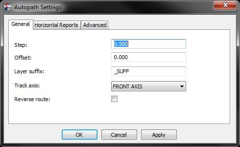 Inserts vehicle schema to the selected location in the drawing. Pull-down menu where you can define vehicle speed. Current turning radius. Current tire angle.