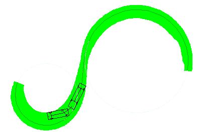 Vehicle outer edge area The Vehicle outer edge area command colors an area that is covered by selected vehicle when moving along selected curve. You can select the type and color of the hatch.