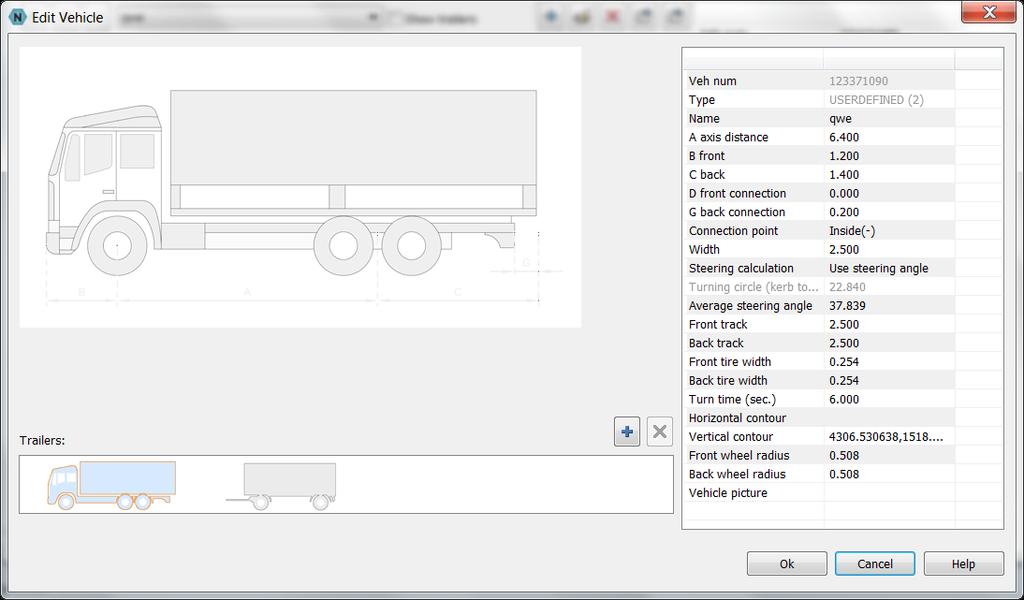 When clicking»ok«a dialog box»edit Vehicle«opens: You can add and remove additional trailers to/from your selected base vehicle by clicking two buttons in the»edit Vehicle«dialog box: