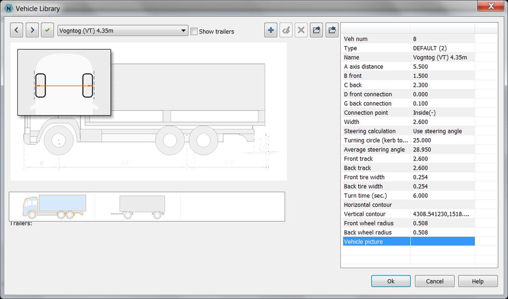 By double-clicking on parameters you can change their value. It is possible to adjust these parameters: Vehicle name Selected vehicle name. A Axis distance Distance between front and back axis.