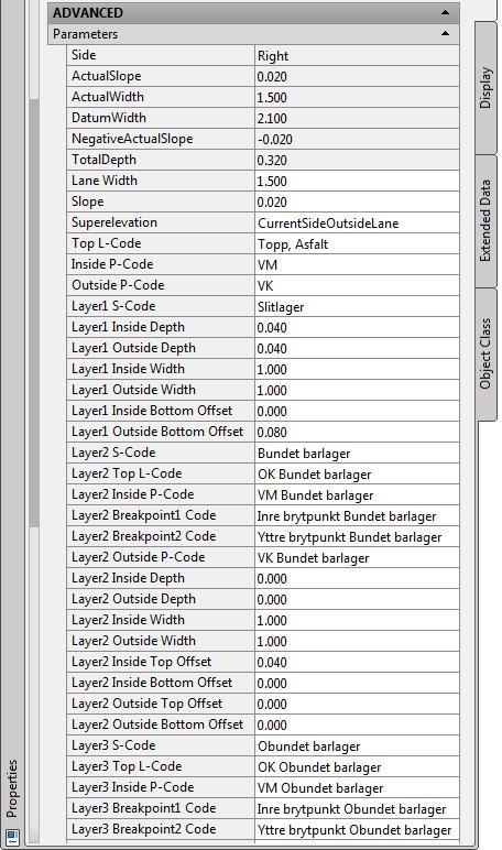 Körbana-Flexibel_NV (LaneFlexible_NV) Körbana med fyra lager med varierande tjocklek och bredd Layer1 Inside Depth: lagertjocklek på insidan Layer1 Outside Depth: lagertjocklek på utsidan Layer1