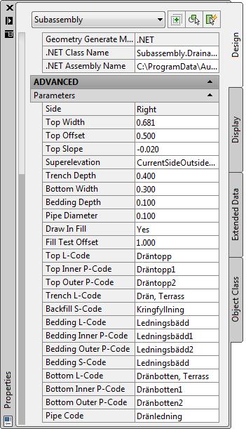 Dräneringsschakten har en fast Top Width och Bottom Width. Lutningen på överytan på schakten styrs med Top Slope. Top Width kan styras från stödremsans Output parameter DrainageWidth.