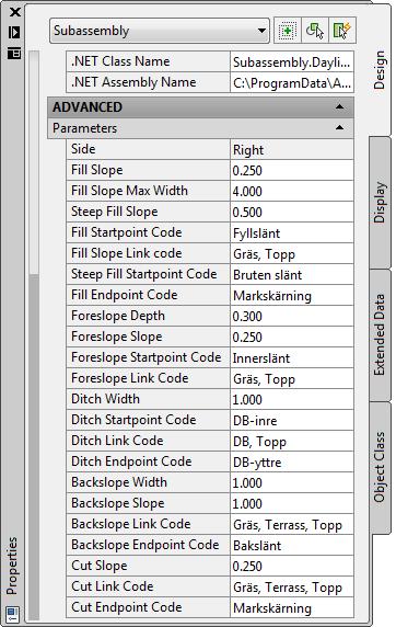 Släntområde-Standard (DaylightStandard_NV) Släntområde med schakt- eller fyll-läge för mark, utan släntkil Target Parameters: Target Surface: Terrängmodell för markslänter Fill Slope/Fill Slope Max