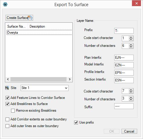 Surface: Här kan linjerna exporteras till en yta/surface. Create Surface: Skapar en ny Corridor Surface.